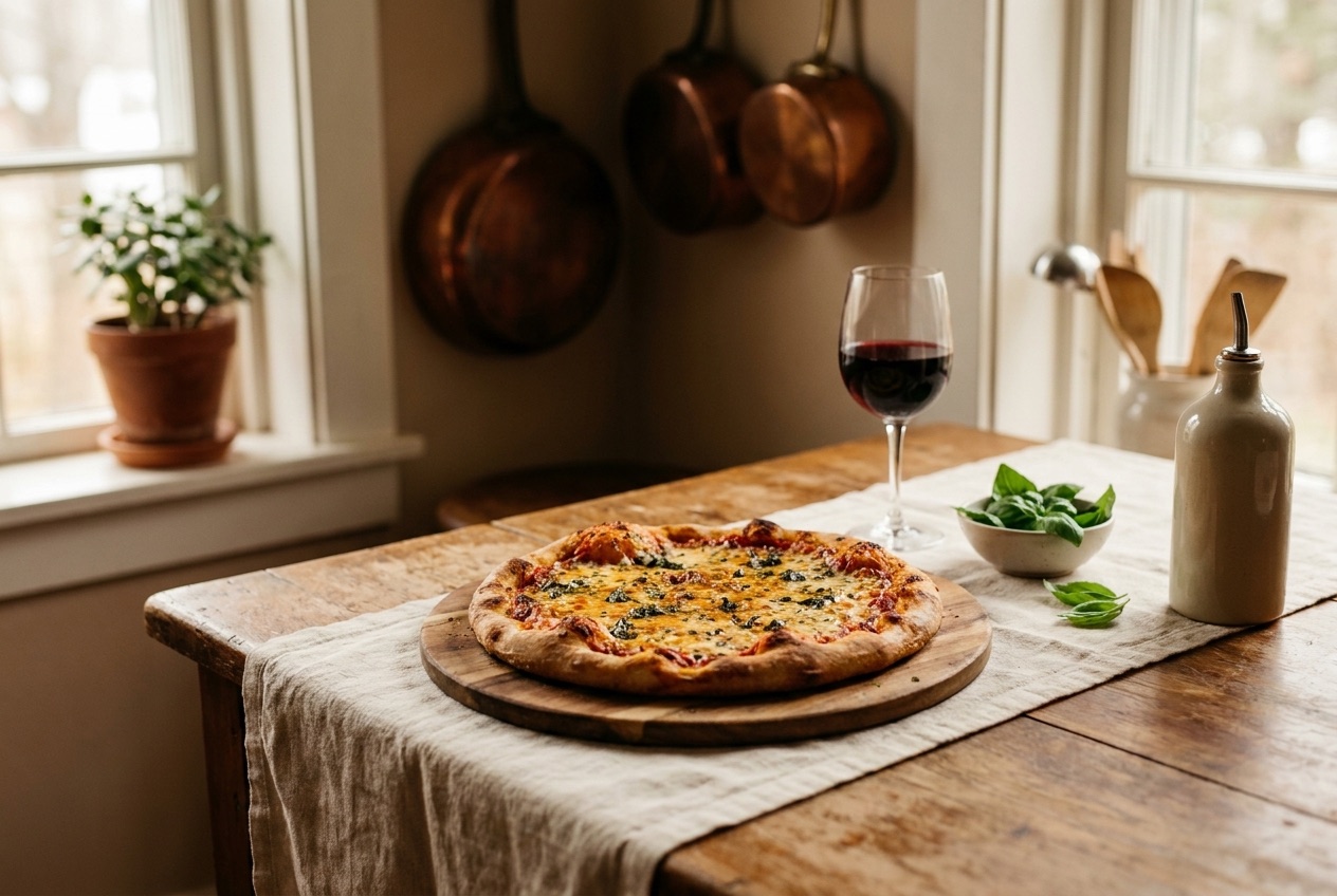 Pizza casera recién hecha sobre una mesa de cocina
