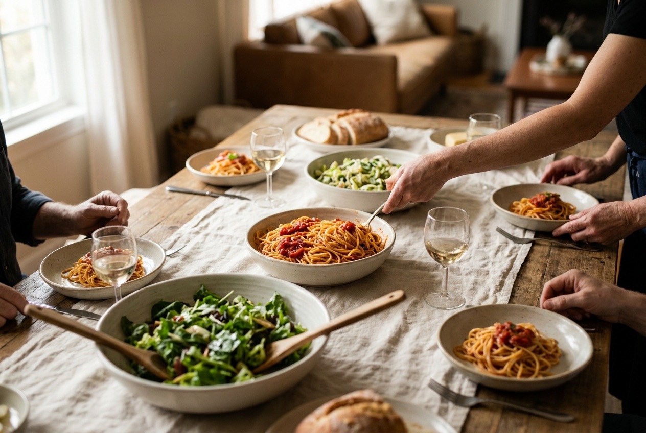 Mesa italiana servida con pasta y ensalada en casa